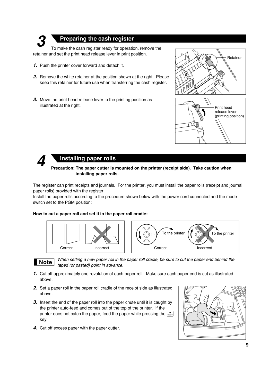 Sharp XE-A406, TINSZ2602RCZZ Preparing the cash register, How to cut a paper roll and set it in the paper roll cradle 