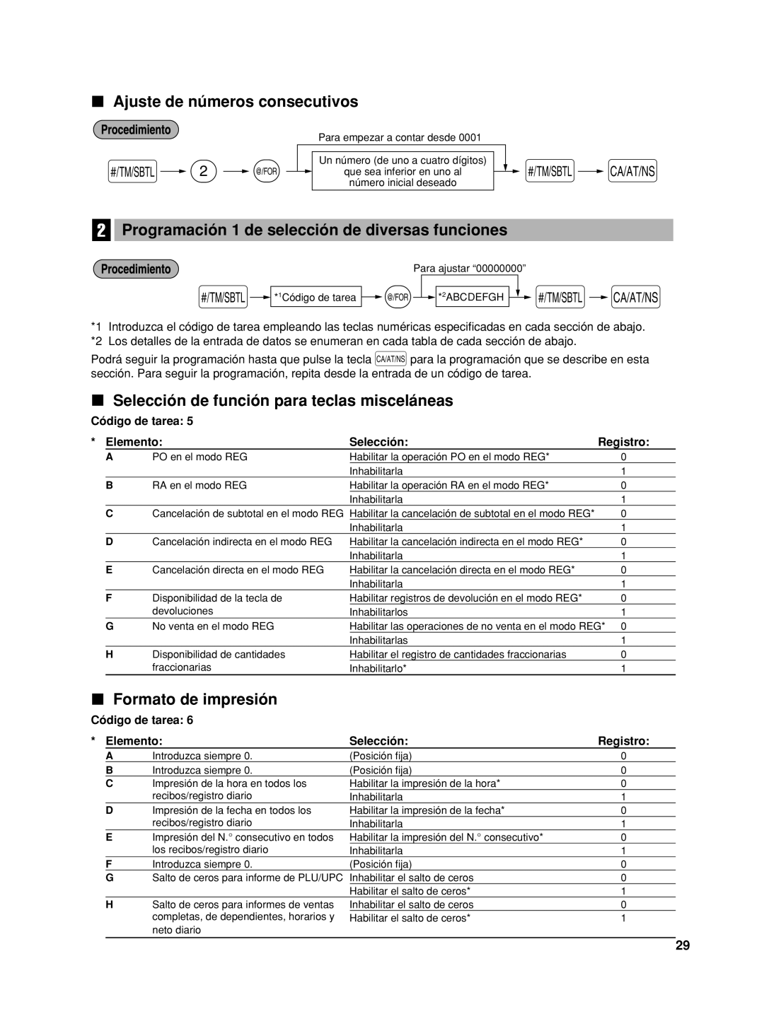 Sharp XE-A406 Ajuste de números consecutivos, Programación 1 de selección de diversas funciones, Formato de impresión 