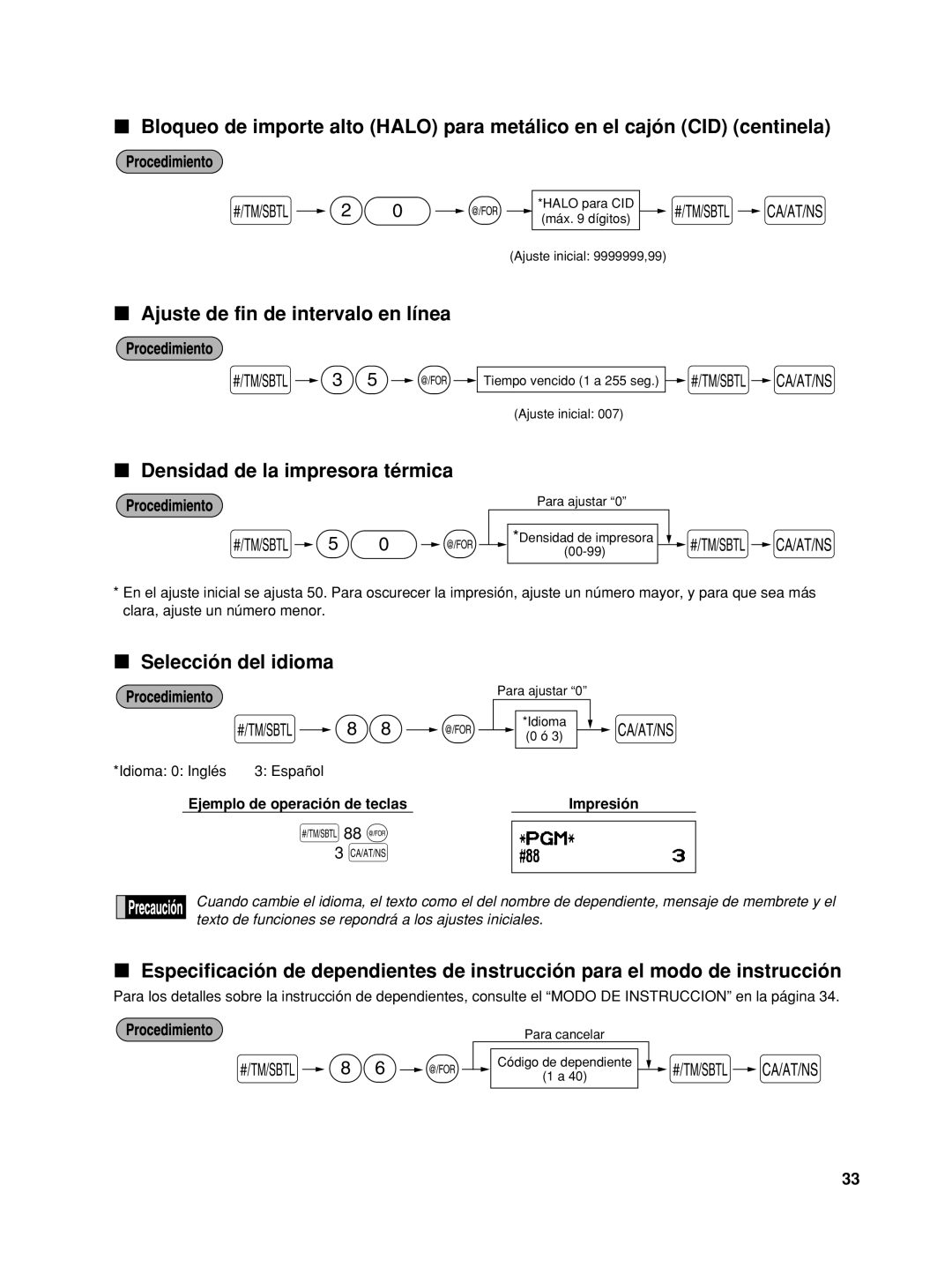 Sharp XE-A406, TINSZ2602RCZZ Ajuste de fin de intervalo en línea, Densidad de la impresora térmica, Selección del idioma 