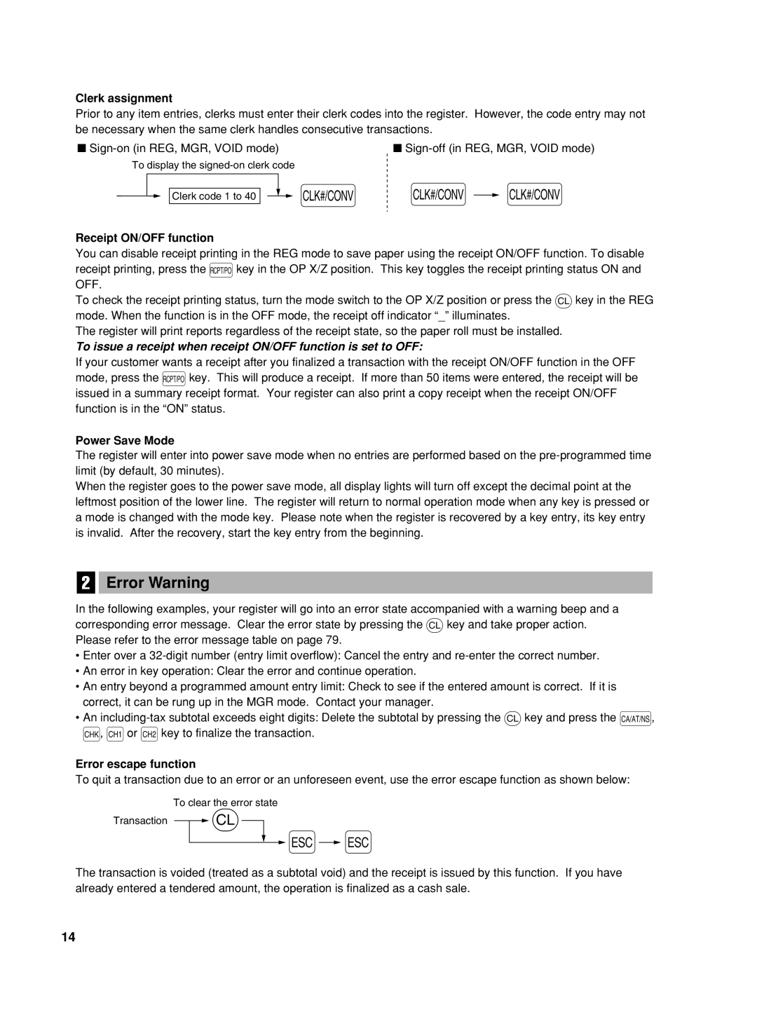 Sharp TINSZ2602RCZZ Error Warning, Clerk assignment, Receipt ON/OFF function, Power Save Mode, Error escape function 