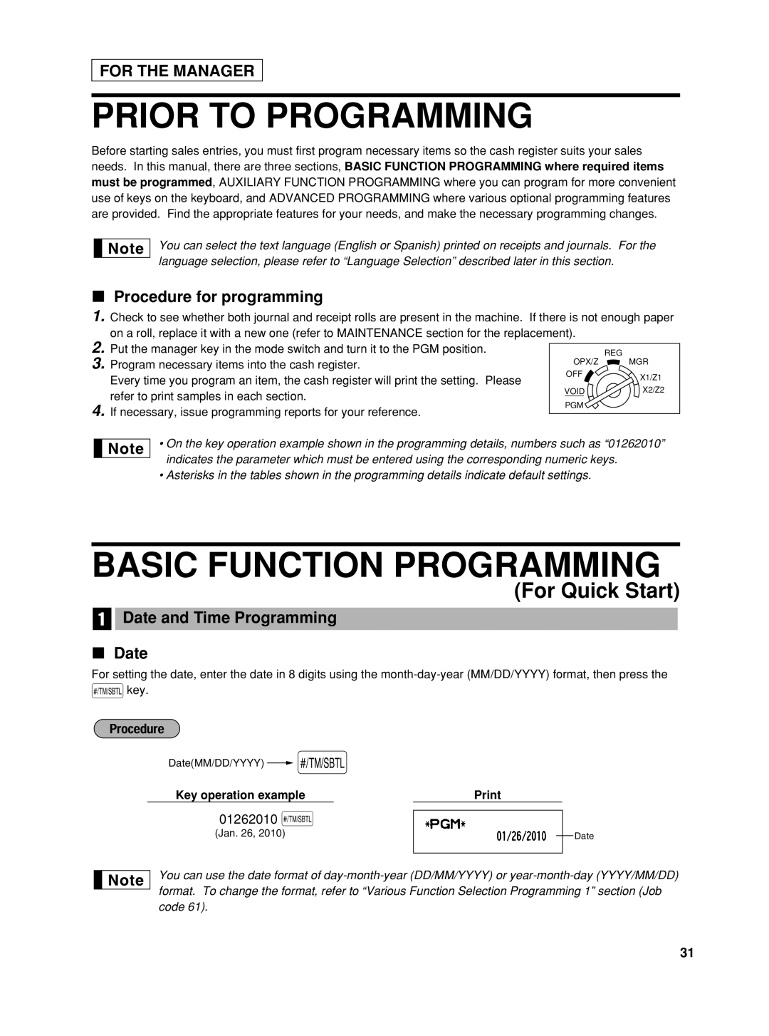 Sharp XE-A406 Prior to Programming, Basic Function Programming, Procedure for programming, Date and Time Programming 