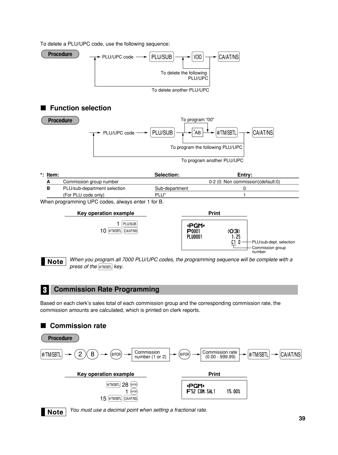 Sharp XE-A406, TINSZ2602RCZZ 10 sA, 15 sA, Function selection, Commission Rate Programming, Commission rate 