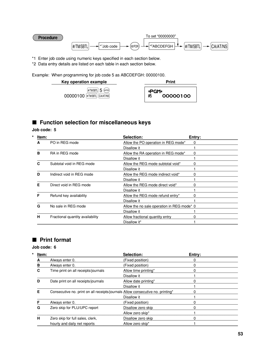 Sharp XE-A406 Function selection for miscellaneous keys, Print format, 00000100 sA, Job code Selection Entry 