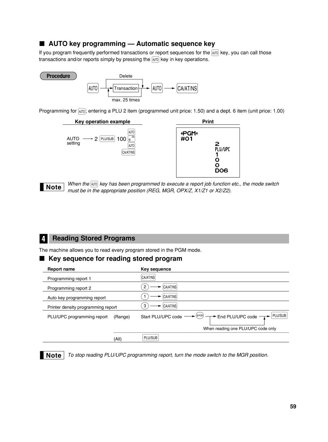 Sharp XE-A406, TINSZ2602RCZZ Auto key programming Automatic sequence key, Reading Stored Programs, Auto 2 p100 § 