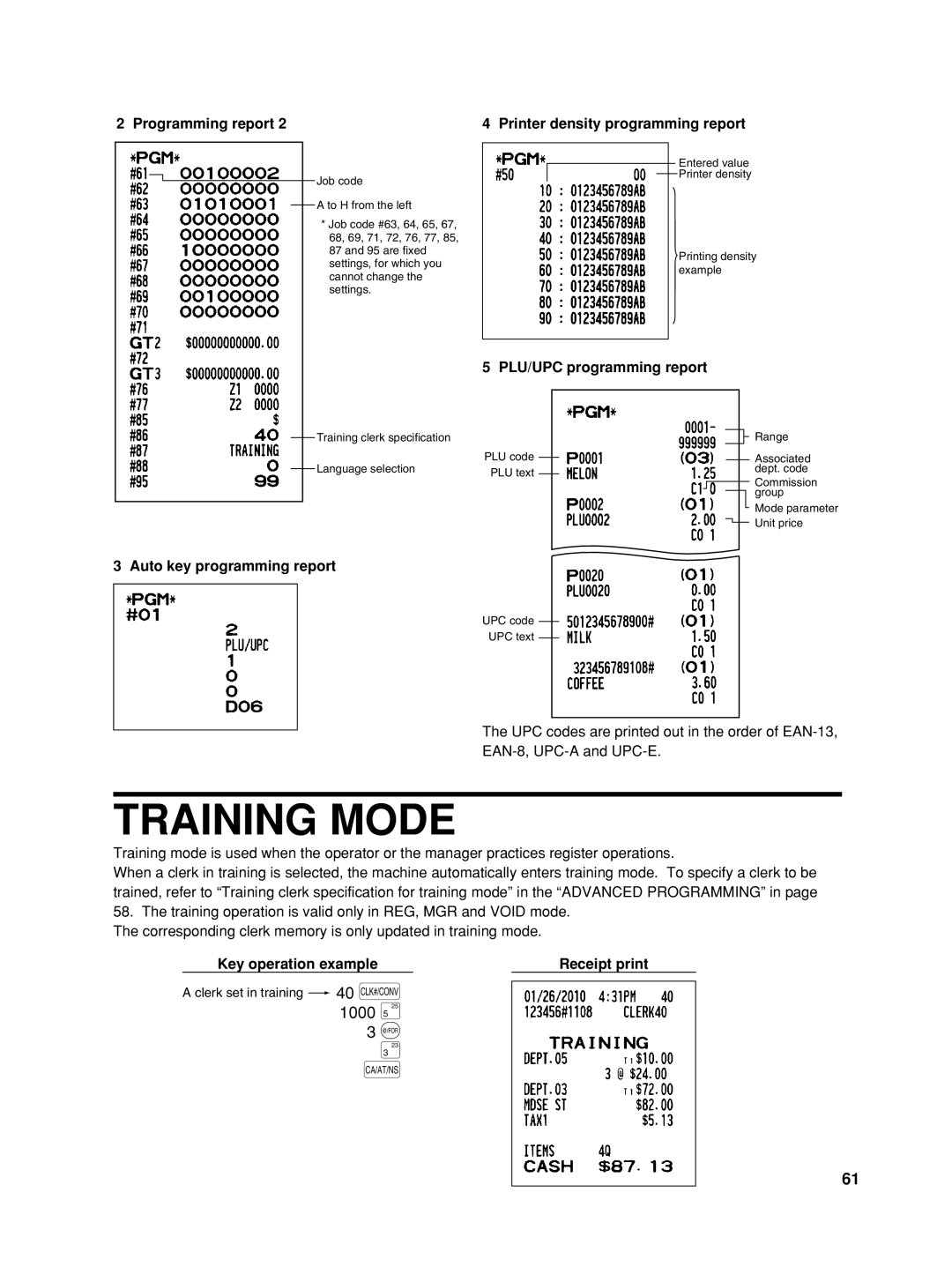 Sharp XE-A406 Training Mode, Programming report Printer density programming report, Auto key programming report 