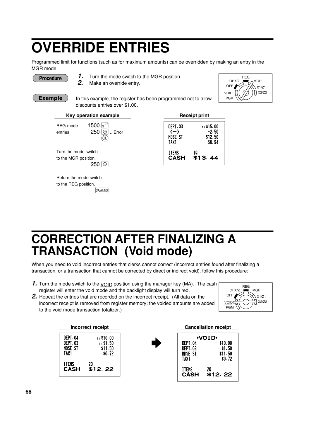 Sharp TINSZ2602RCZZ, XE-A406 instruction manual Override Entries, 250, 1500, Incorrect receipt Cancellation receipt 