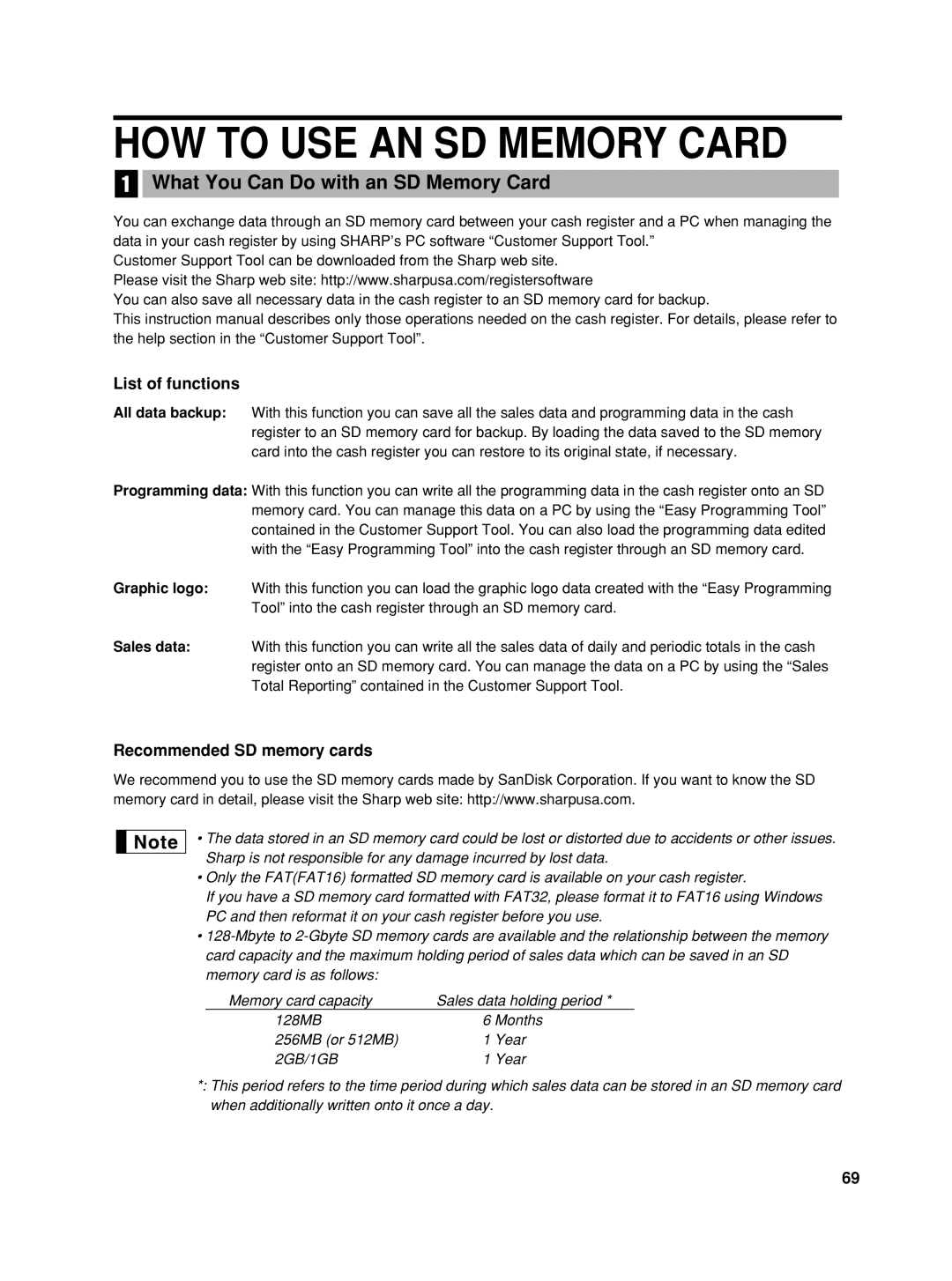 Sharp XE-A406, TINSZ2602RCZZ HOW to USE AN SD Memory Card, What You Can Do with an SD Memory Card, List of functions 