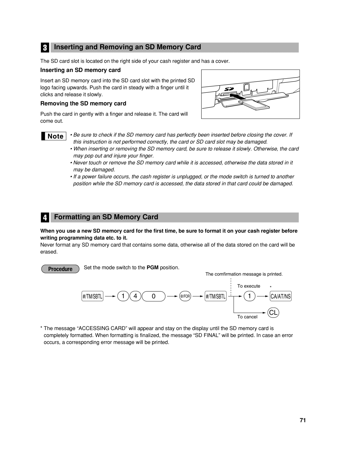 Sharp XE-A406 140 @ s, Inserting and Removing an SD Memory Card, Formatting an SD Memory Card, Inserting an SD memory card 