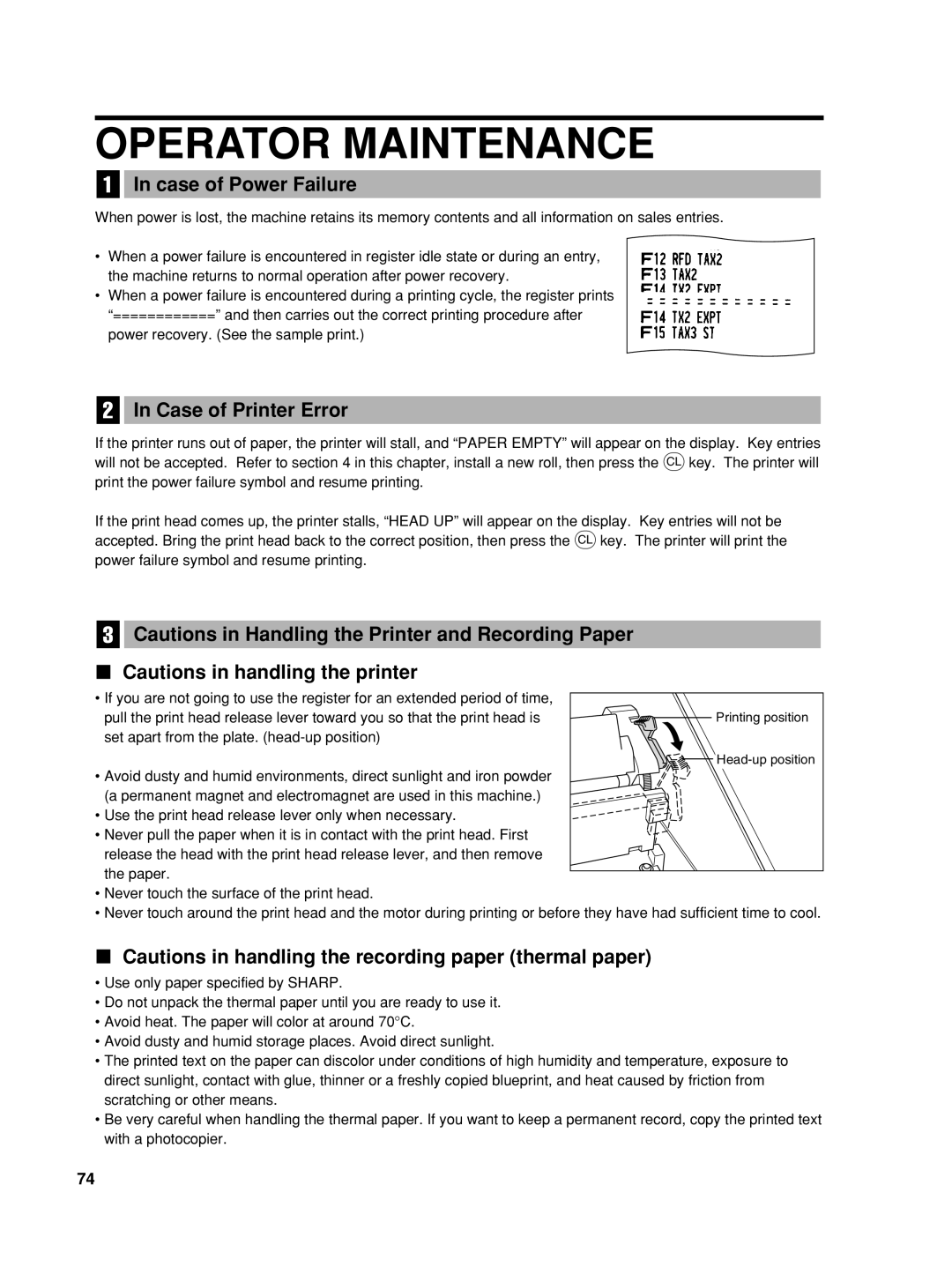 Sharp TINSZ2602RCZZ, XE-A406 instruction manual Operator Maintenance, Case of Power Failure, Case of Printer Error 