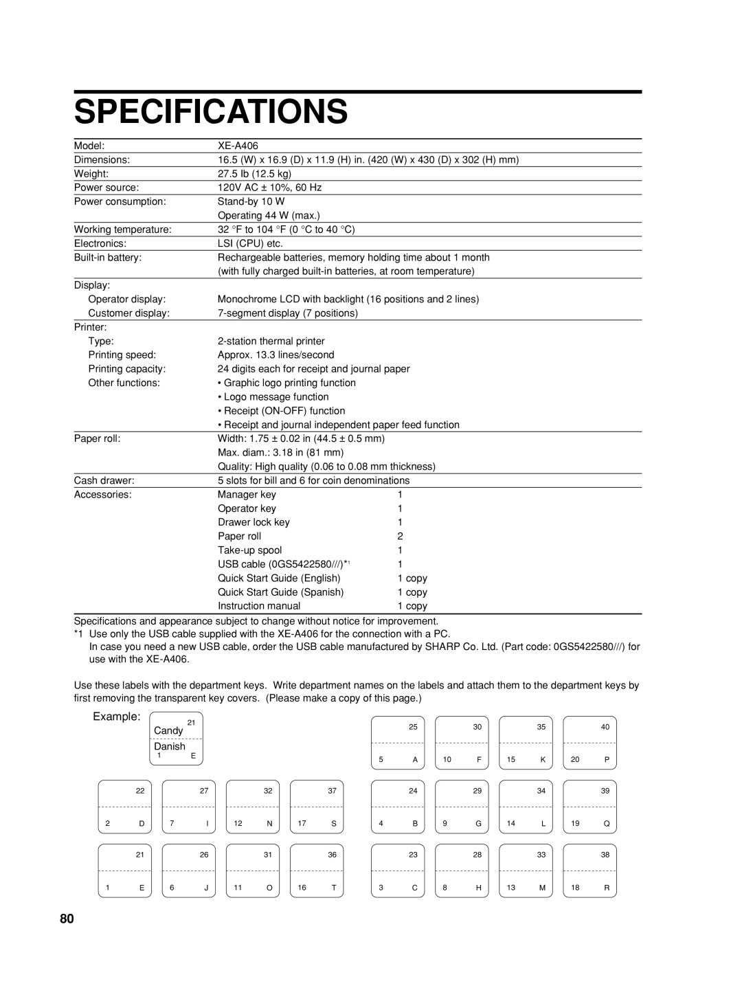 Sharp TINSZ2602RCZZ, XE-A406 instruction manual Specifications 