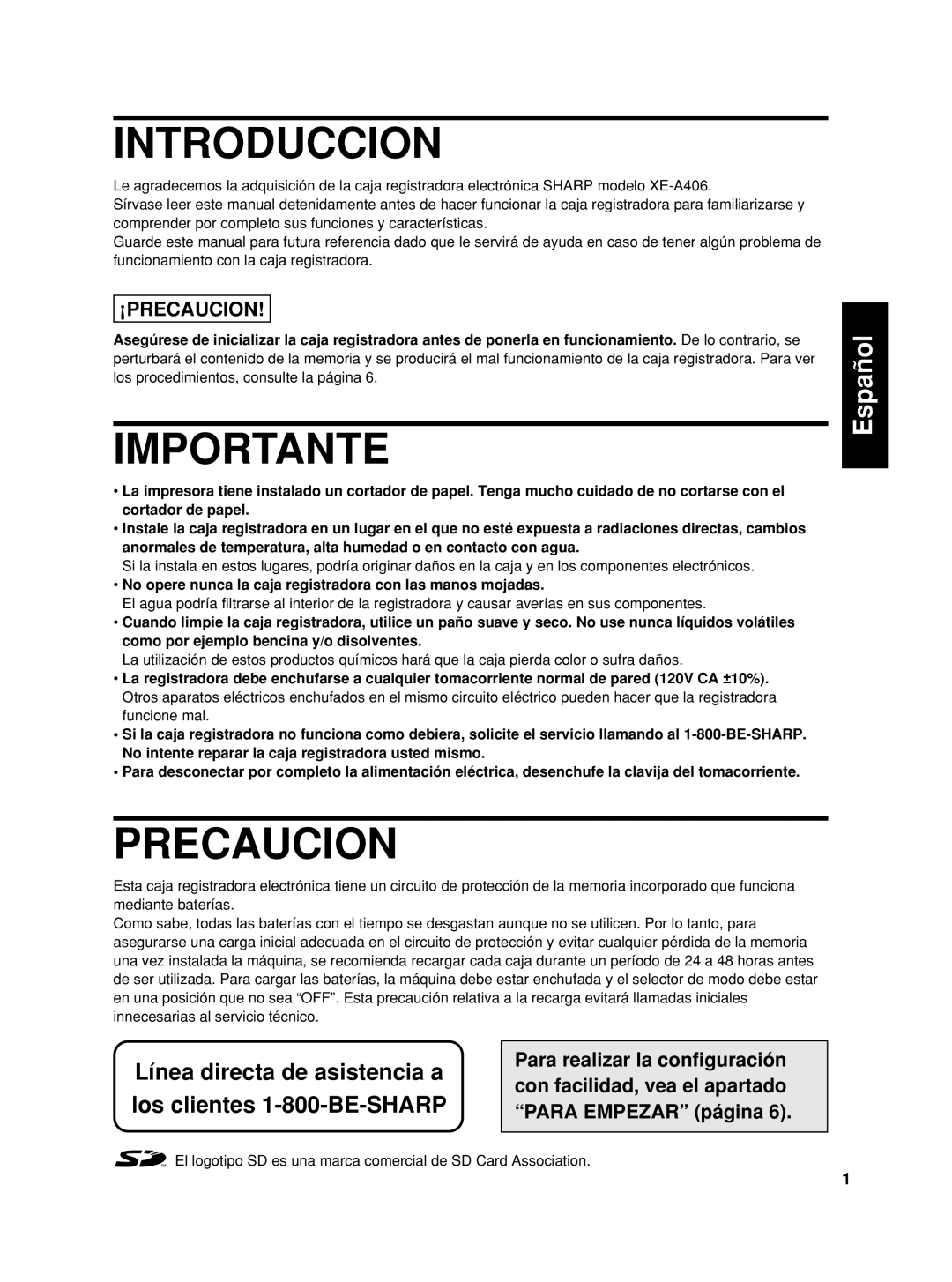 Sharp XE-A406, TINSZ2602RCZZ instruction manual Introduccion, Importante, Precaucion 