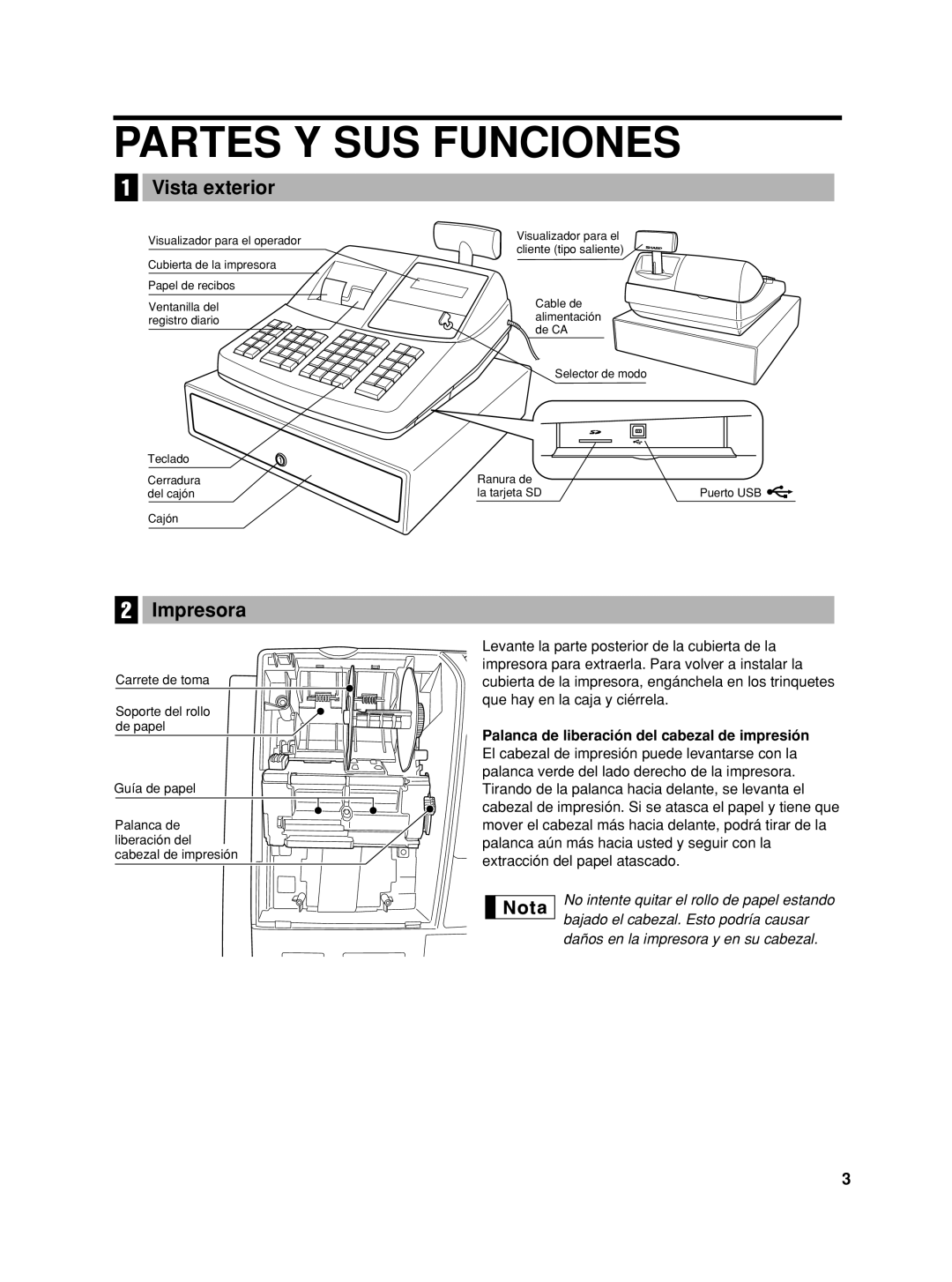 Sharp XE-A406 Partes Y SUS Funciones, Vista exterior, Impresora, Palanca de liberación del cabezal de impresión 