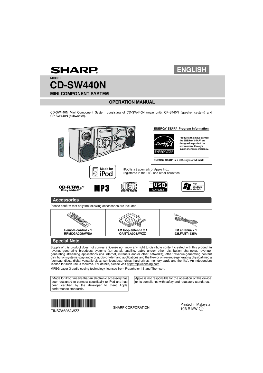 Sharp CD-SW440N operation manual Accessories, Special Note, Energy Star Program Information, FM antenna x 1 92LFANT1535A 