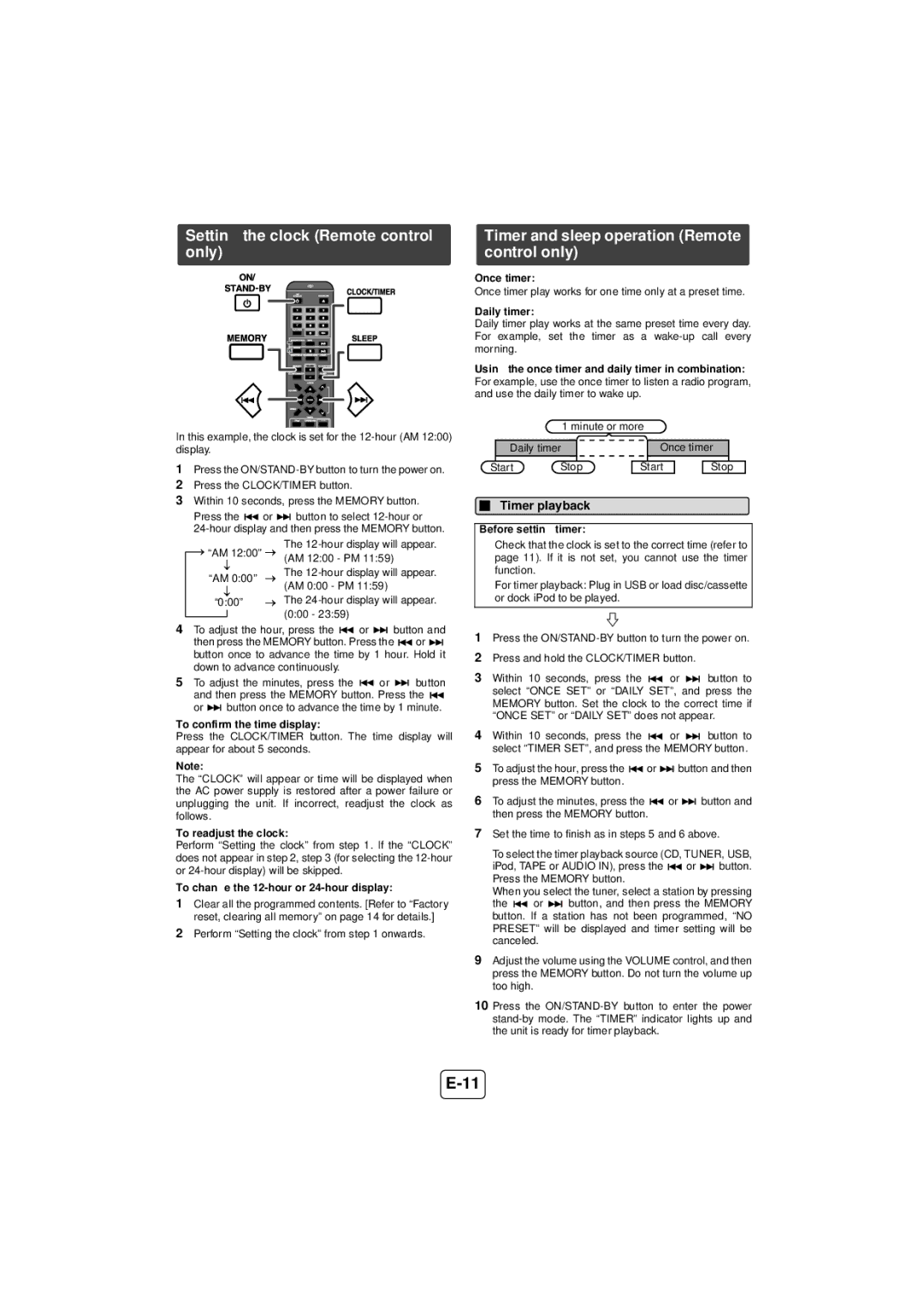 Sharp TINSZA625AWZZ Setting the clock Remote control only, Timer and sleep operation Remote control only, Timer playback 