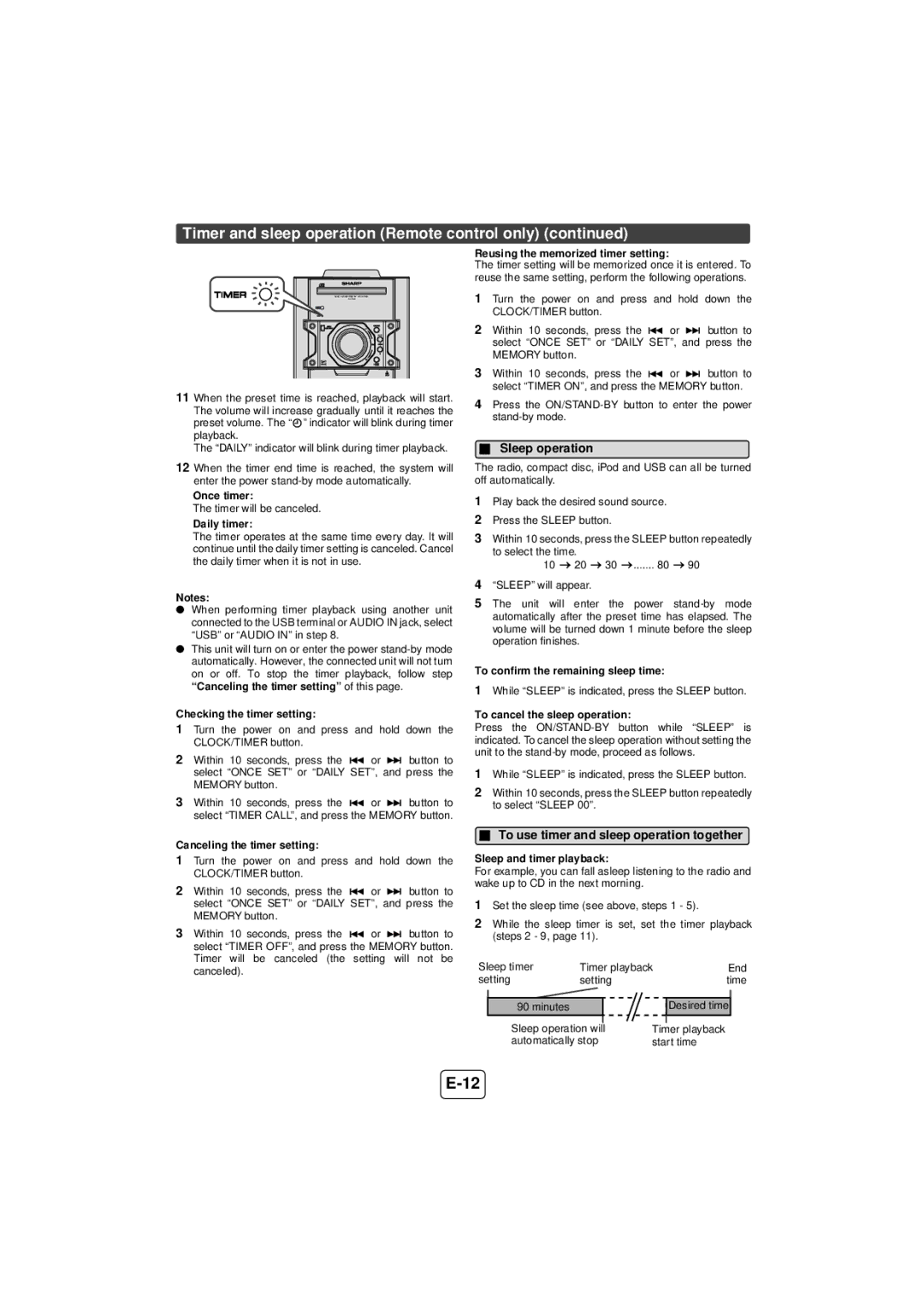 Sharp CD-SW440N, TINSZA625AWZZ operation manual Sleep operation, To use timer and sleep operation together 