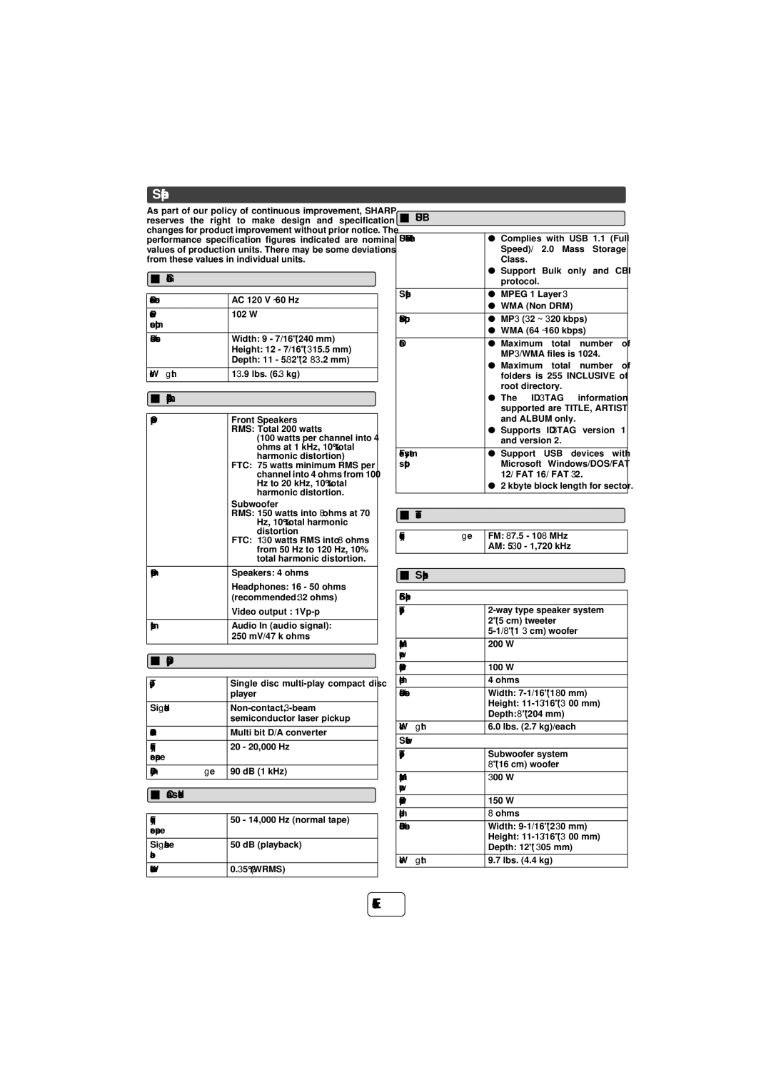 Sharp TINSZA625AWZZ, CD-SW440N operation manual Specifications, Amplifier, Speaker 