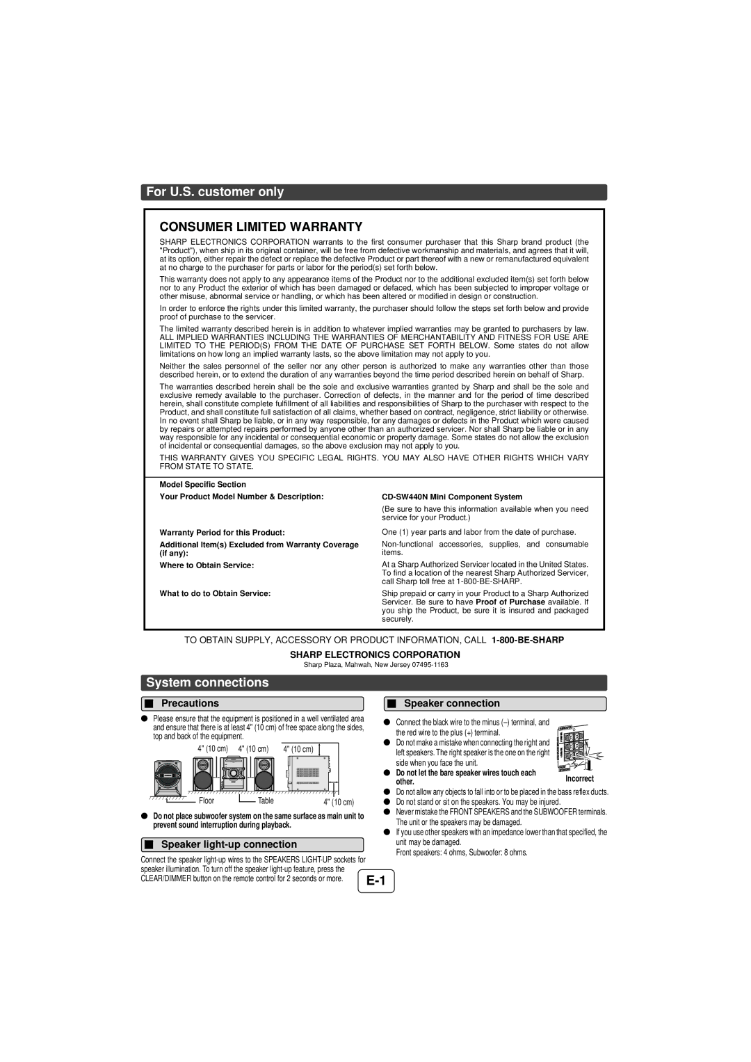 Sharp TINSZA625AWZZ, CD-SW440N operation manual For U.S. customer only, System connections, Precautions Speaker connection 