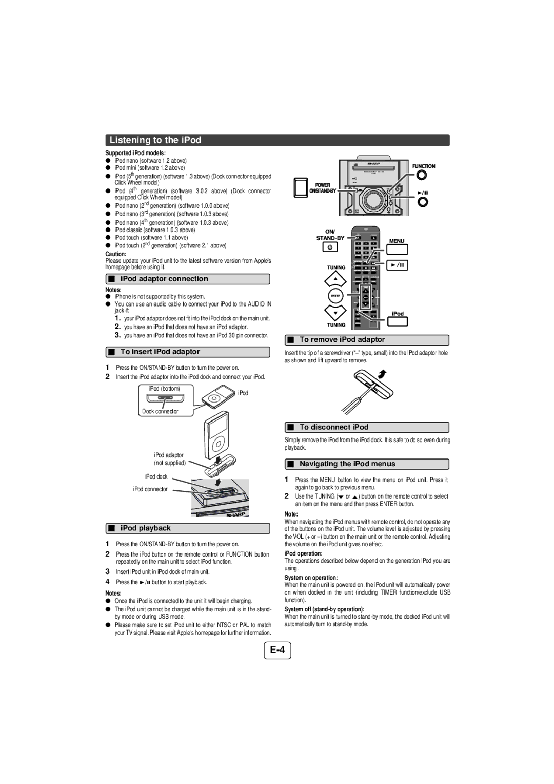 Sharp CD-SW440N, TINSZA625AWZZ operation manual Listening to the iPod 