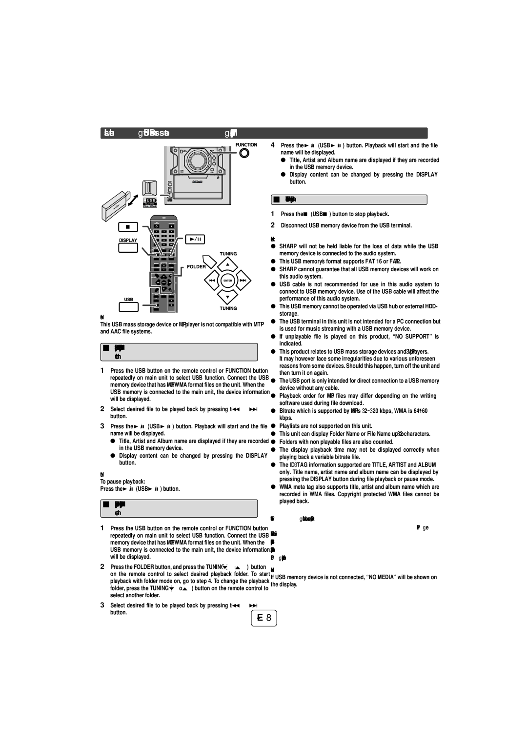 Sharp CD-SW440N, TINSZA625AWZZ operation manual Listening to USB mass storage device/MP3 player, To remove USB memory device 