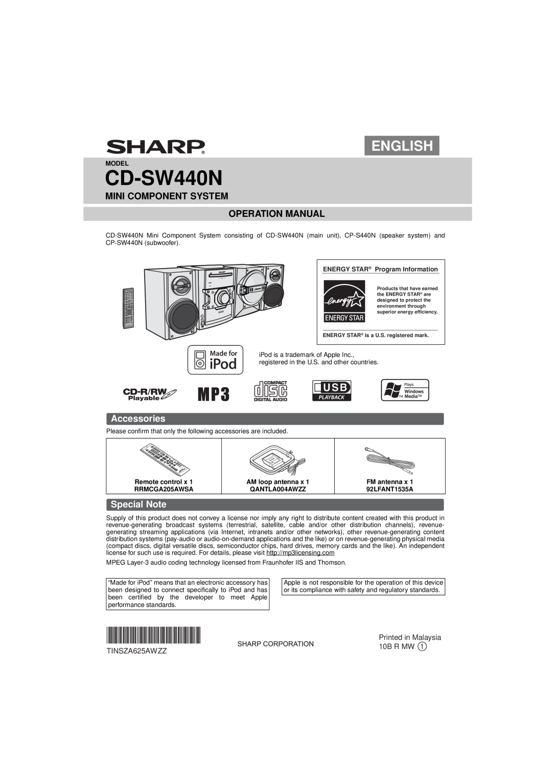 Sharp CD-SW440N operation manual Accessories, Special Note, English, TINSZA625AWZZ 