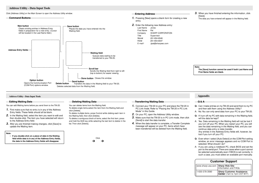 Sharp TM-20 manual Address Utility Data Input Tools, Appendix 