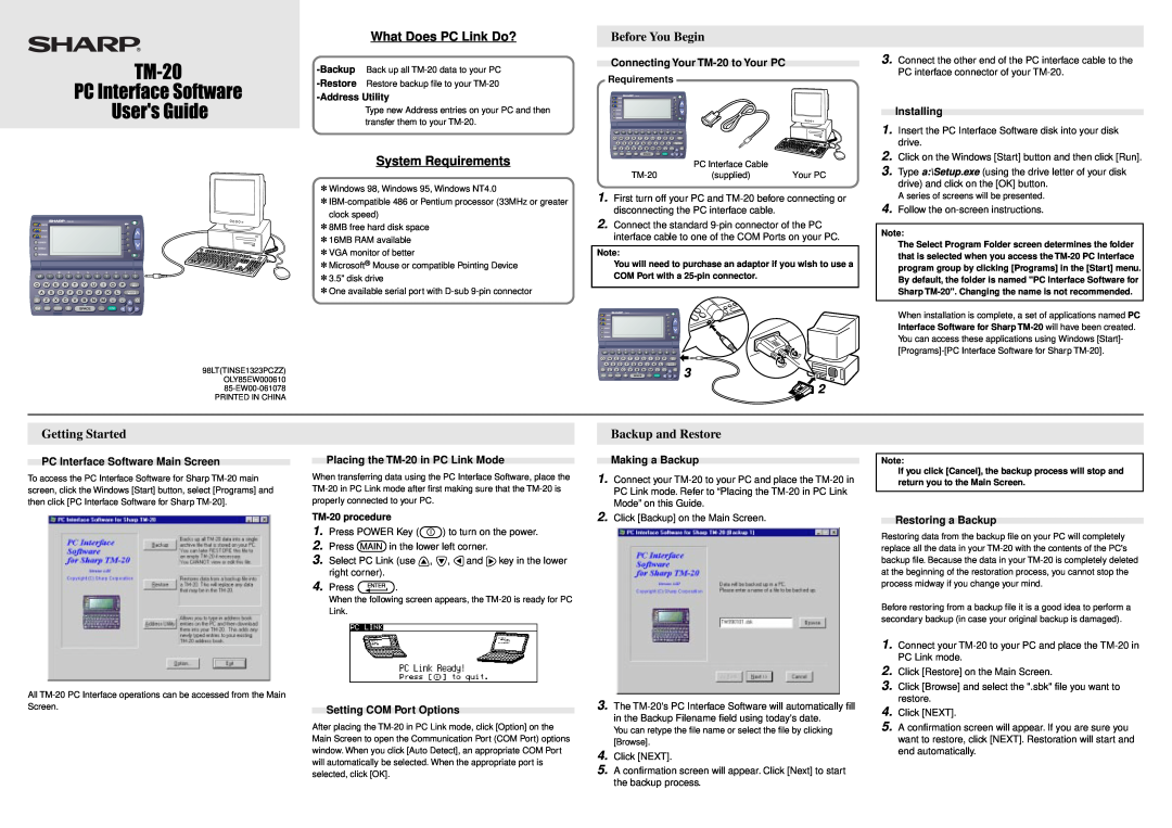 Sharp manual Before You Begin, Getting Started, Connecting Your TM-20 to Your PC, PC Interface Software Main Screen 