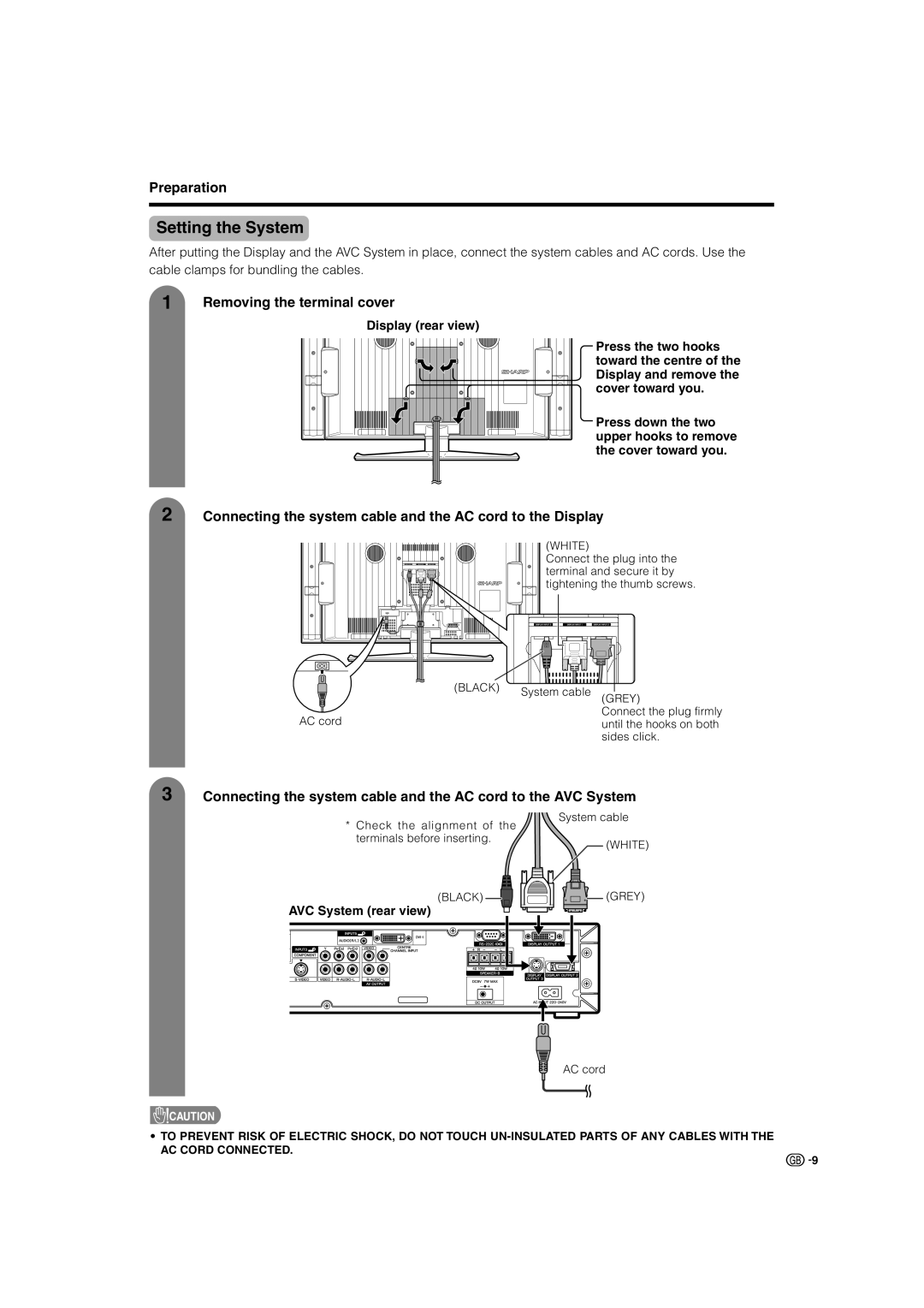 Sharp LC-37G2X Setting the System, Connecting the system cable and the AC cord to the Display, Removing the terminal cover 