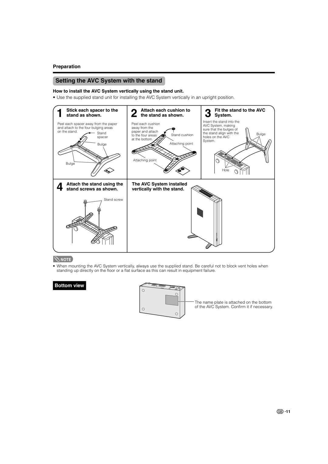 Sharp TU-32GAX, TU-37GAX, LC-37G2X warranty Setting the AVC System with the stand, Attach each cushion to the stand as shown 