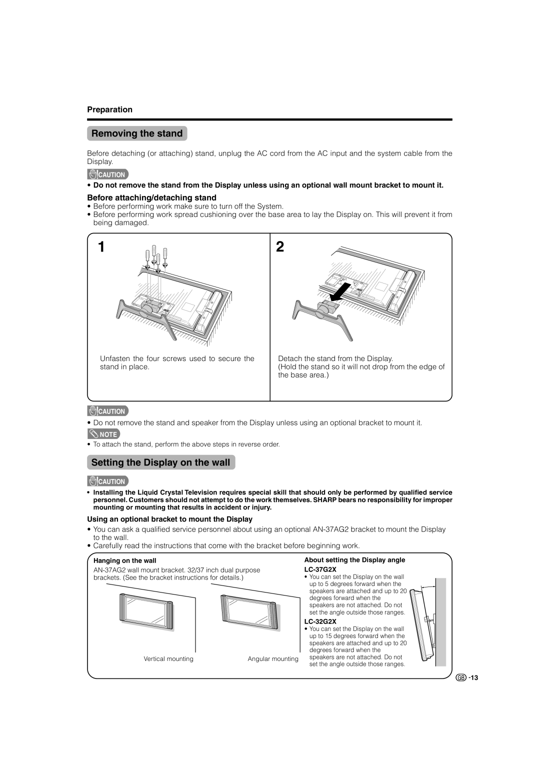 Sharp LC-37G2X, TU-32GAX, TU-37GAX Removing the stand, Setting the Display on the wall, Before attaching/detaching stand 