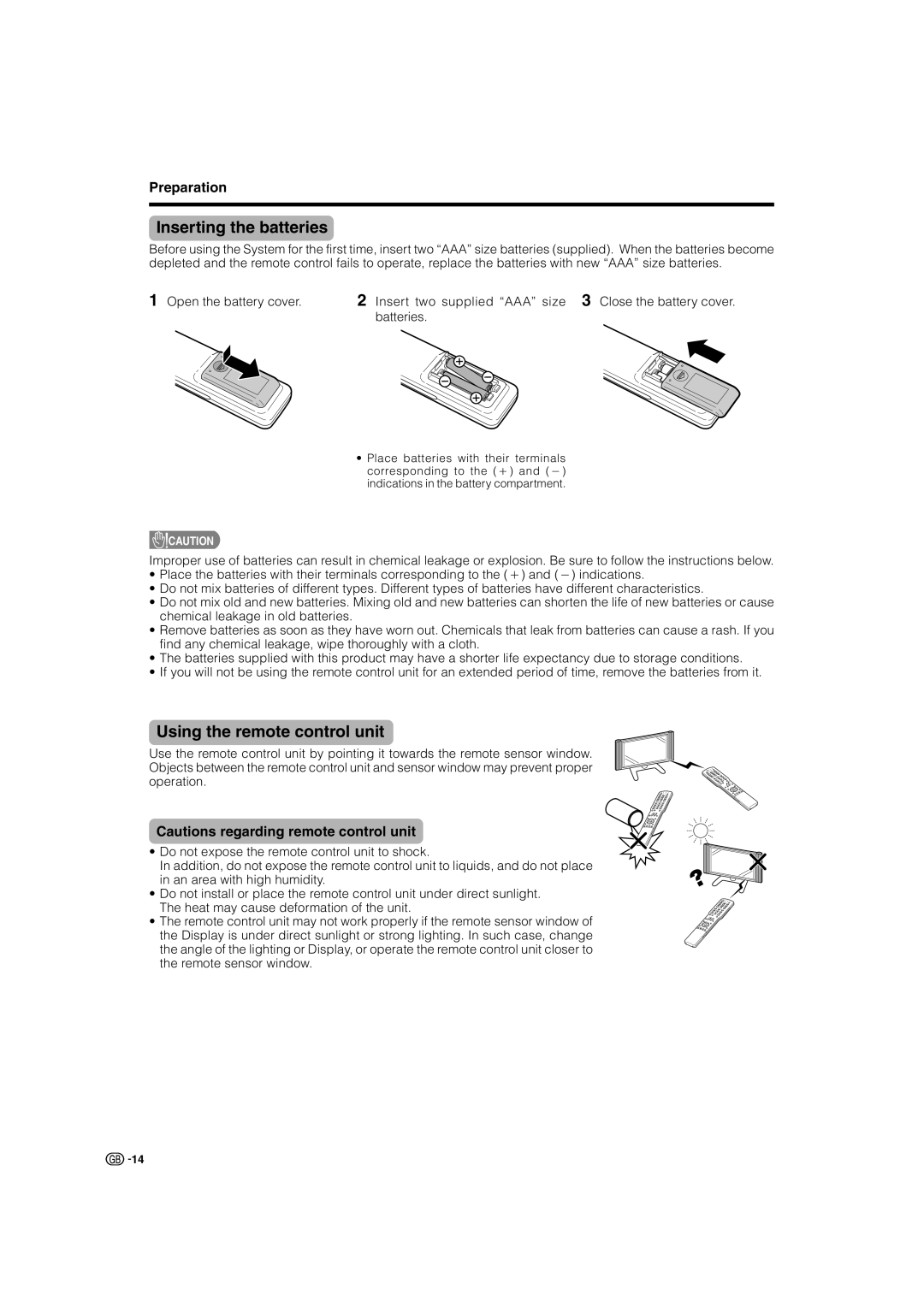 Sharp LC-32G2X, TU-32GAX, TU-37GAX, LC-37G2X warranty Inserting the batteries, Using the remote control unit 