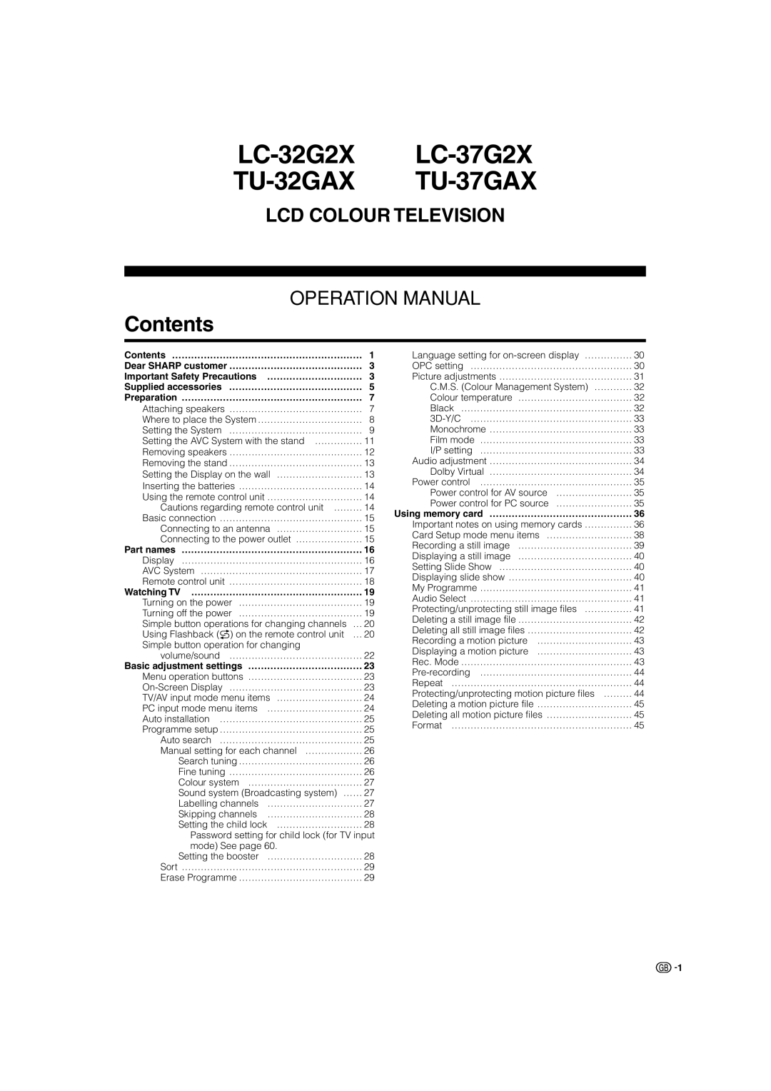 Sharp LC-37G2X, LC-32G2X warranty TU-32GAX TU-37GAX, Contents 