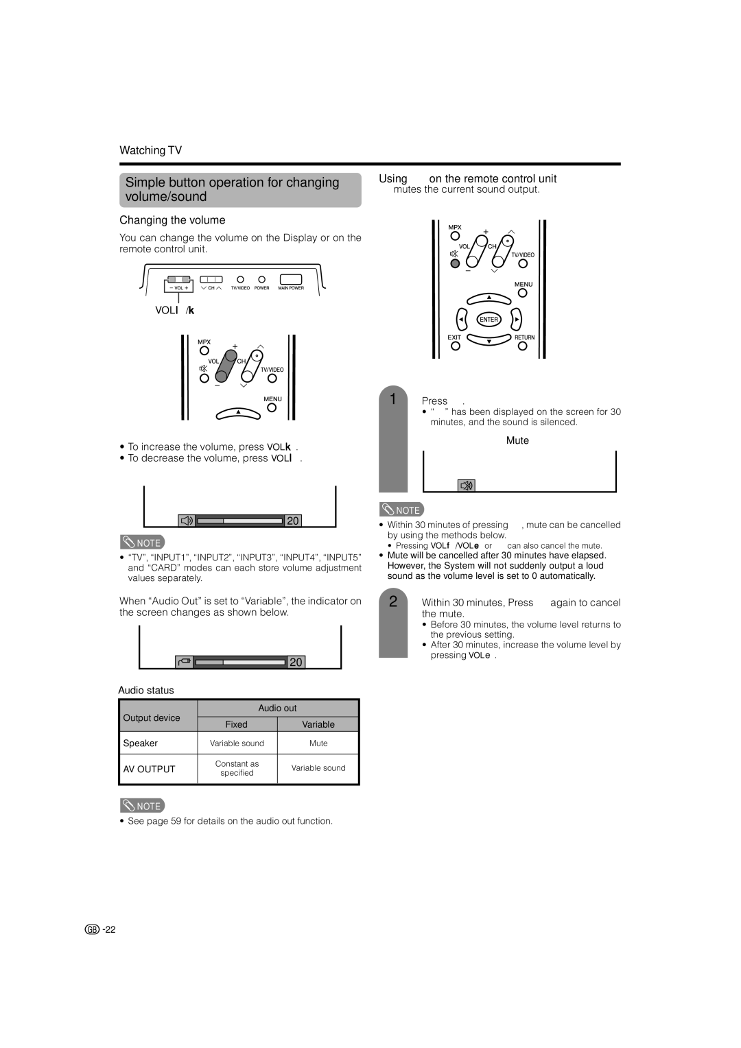 Sharp LC-32G2X Simple button operation for changing volume/sound, Changing the volume, Using e on the remote control unit 