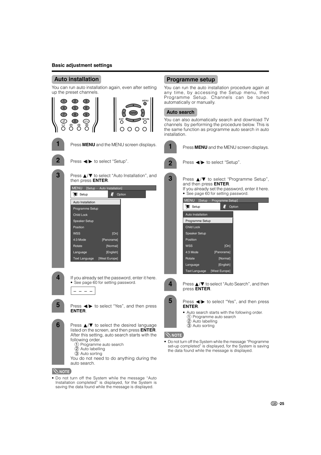 Sharp LC-37G2X, TU-32GAX, TU-37GAX, LC-32G2X warranty Auto installation, Programme setup, Auto search 