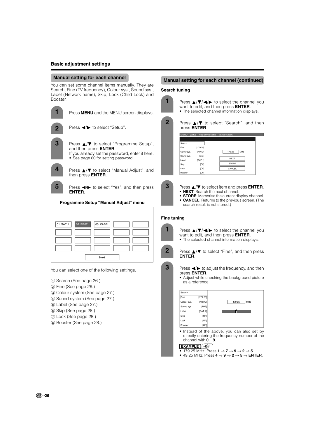 Sharp LC-32G2X, TU-32GAX, TU-37GAX Basic adjustment settings Manual setting for each channel, Search tuning, Fine tuning 