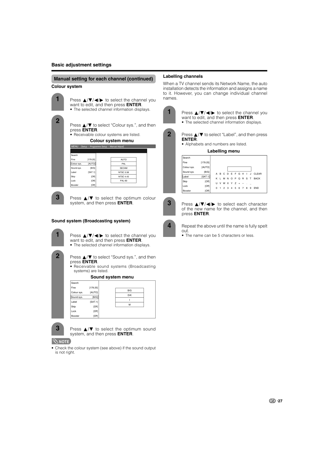 Sharp TU-32GAX, TU-37GAX Labelling channels, Colour system menu, Labelling menu, Sound system Broadcasting system 