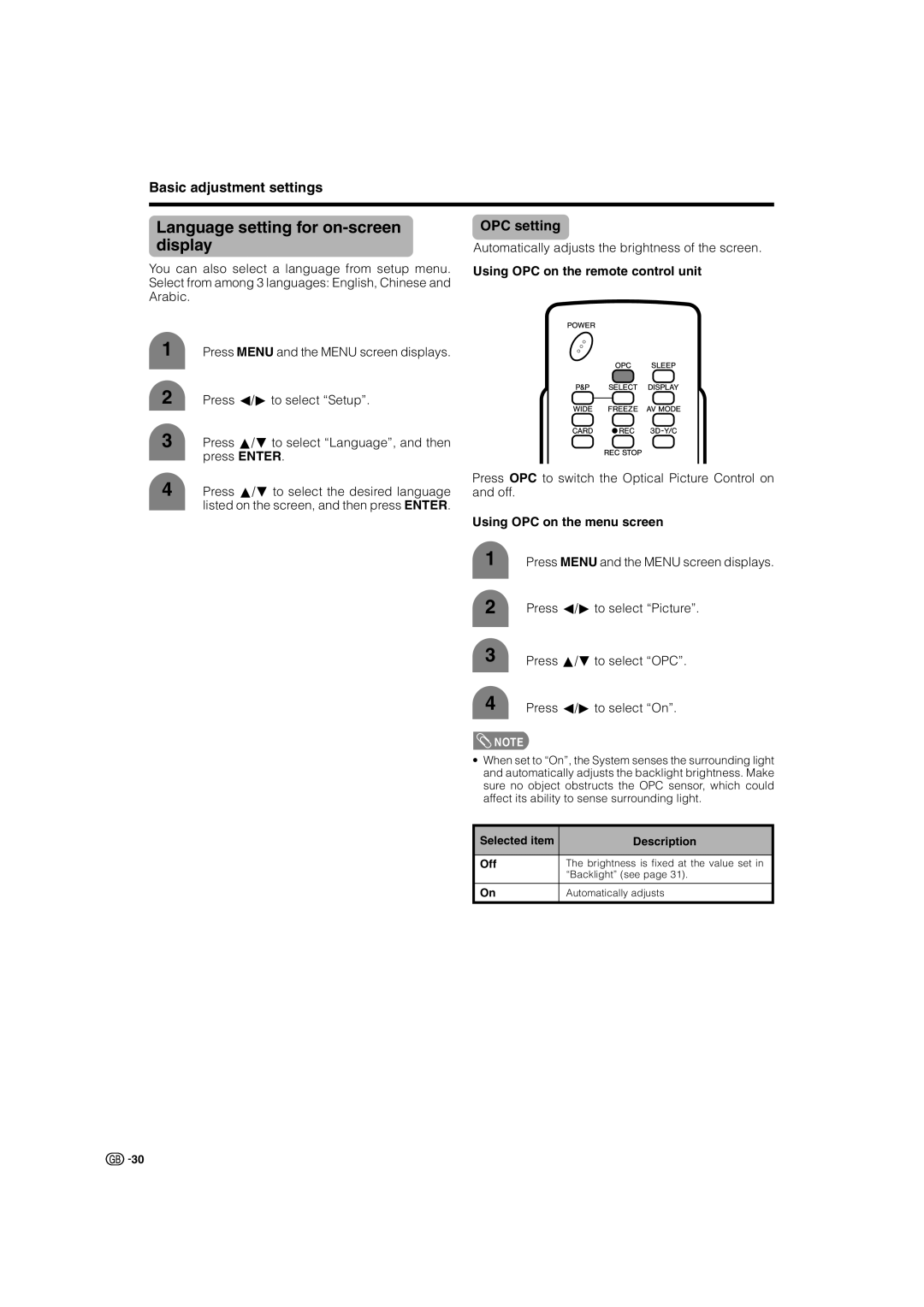 Sharp LC-32G2X, TU-32GAX warranty Language setting for on-screen display, OPC setting, Using OPC on the remote control unit 