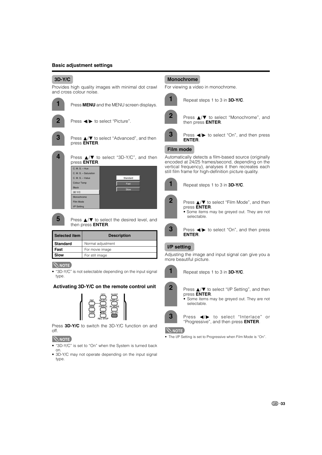 Sharp LC-37G2X Basic adjustment settings 3D-Y/C Monochrome, Activating 3D-Y/C on the remote control unit, Film mode 