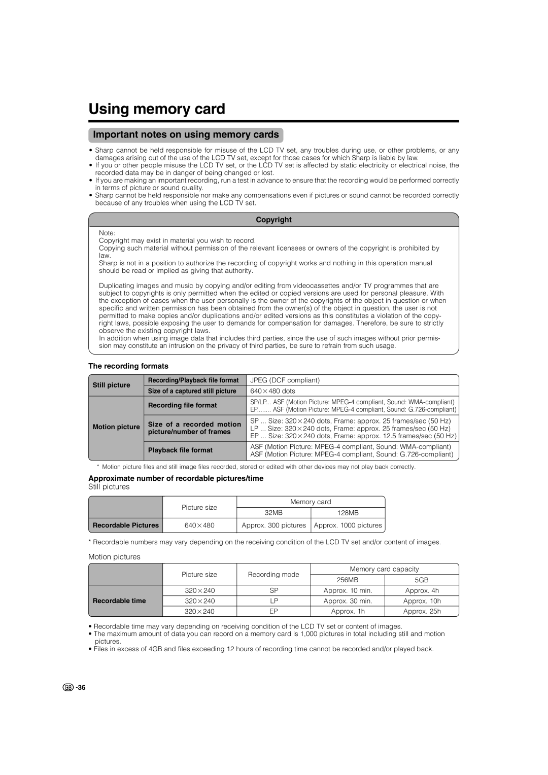 Sharp TU-37GAX, TU-32GAX, LC-37G2X Using memory card, Important notes on using memory cards, Copyright, Recording formats 