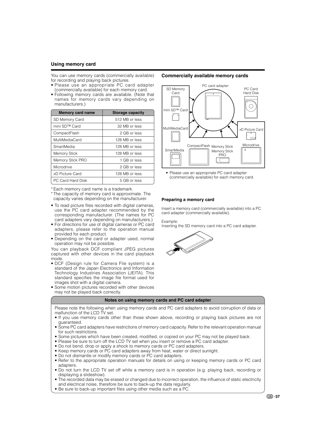 Sharp LC-37G2X, TU-32GAX, TU-37GAX, LC-32G2X Using memory card, Commercially available memory cards, Preparing a memory card 