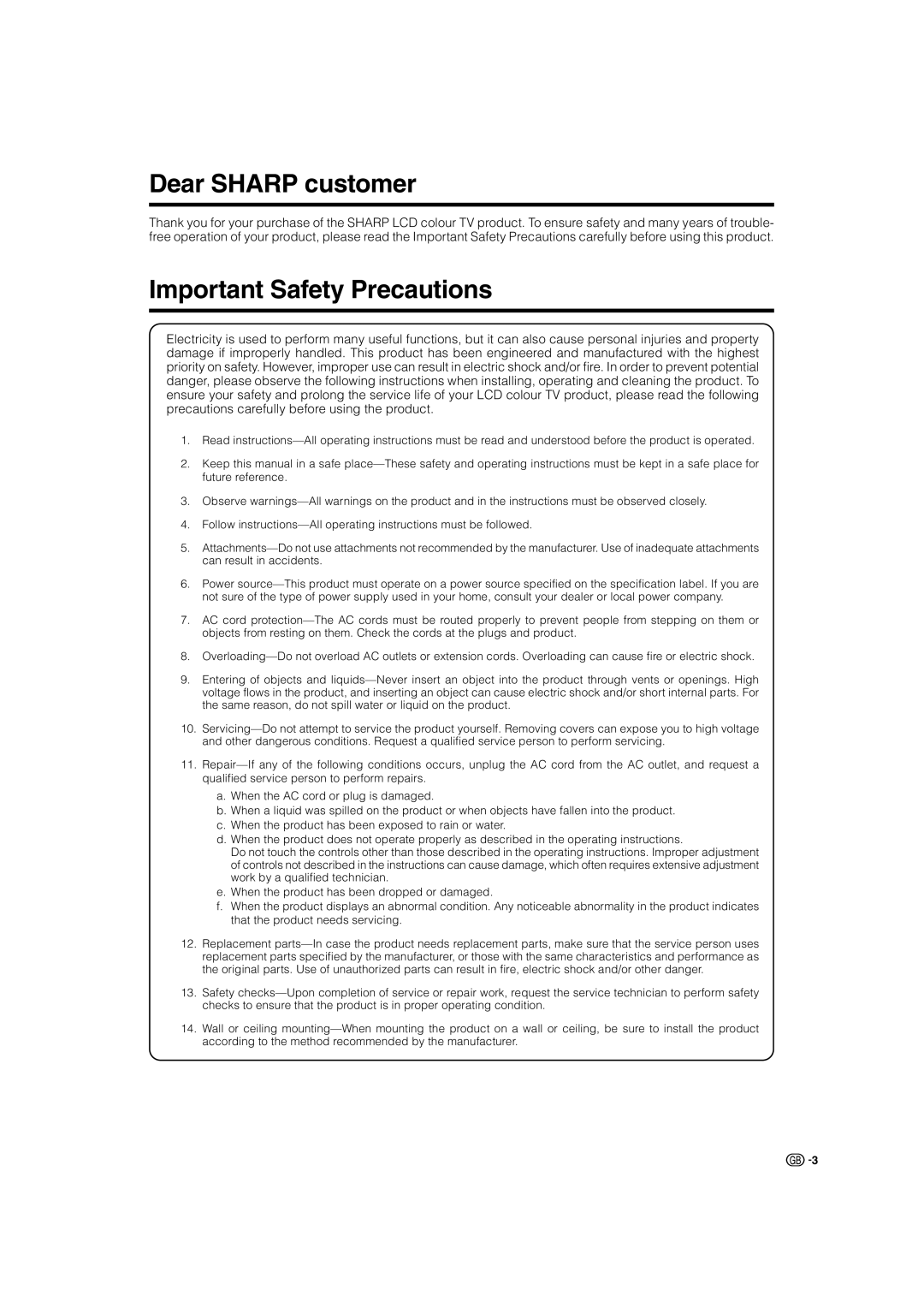 Sharp TU-32GAX, TU-37GAX, LC-37G2X, LC-32G2X warranty Dear Sharp customer, Important Safety Precautions 