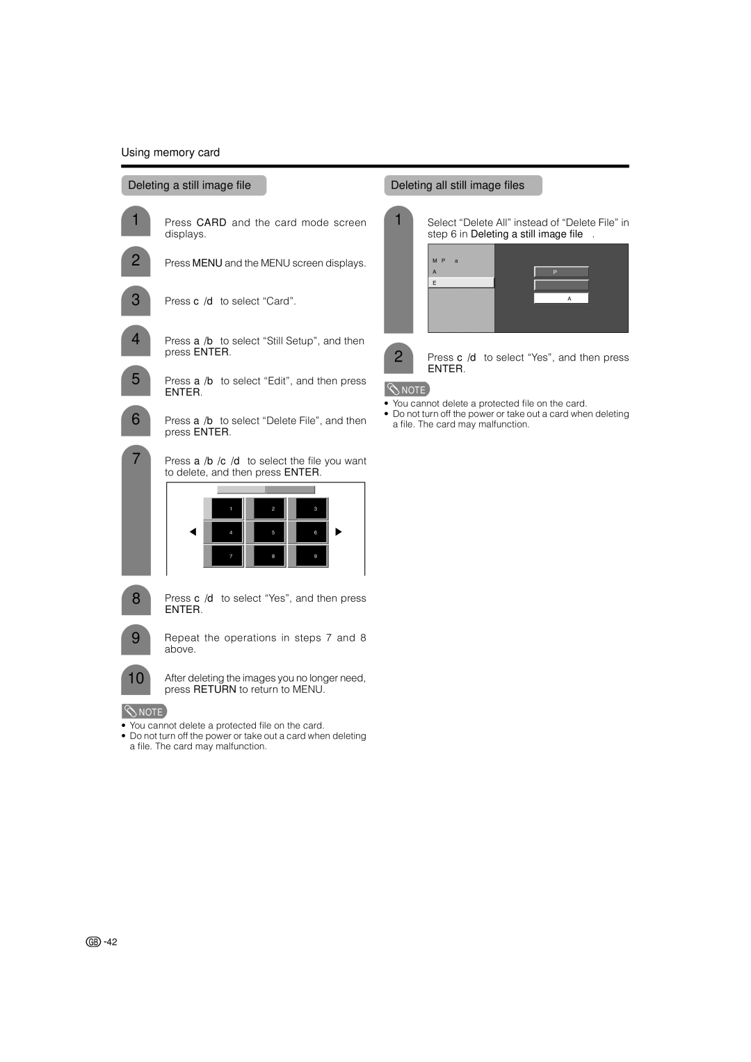 Sharp LC-32G2X, TU-32GAX, TU-37GAX Using memory card Deleting a still image file, Repeat the operations in steps 7, Above 