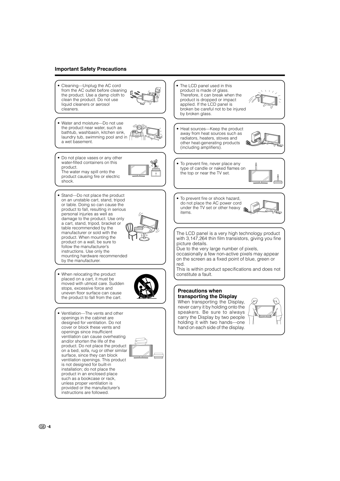 Sharp TU-37GAX, TU-32GAX, LC-37G2X, LC-32G2X warranty Important Safety Precautions, Precautions when transporting the Display 