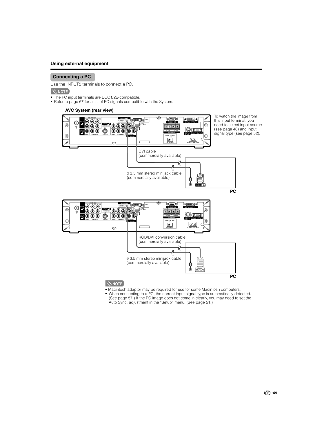 Sharp LC-37G2X, TU-32GAX, TU-37GAX Using external equipment Connecting a PC, Use the INPUT5 terminals to connect a PC 