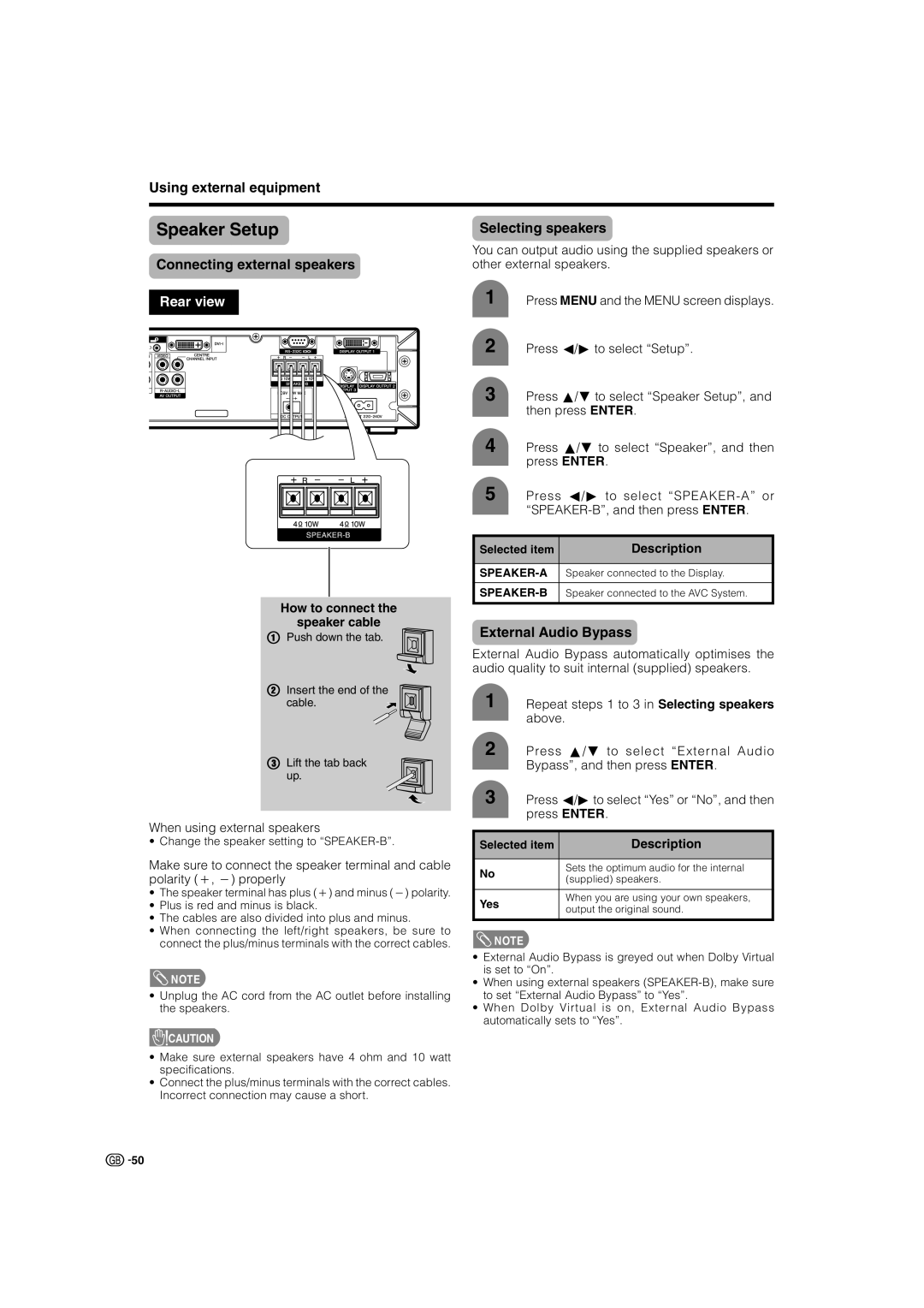 Sharp LC-32G2X, TU-32GAX Using external equipment, Connecting external speakers, Selecting speakers, External Audio Bypass 