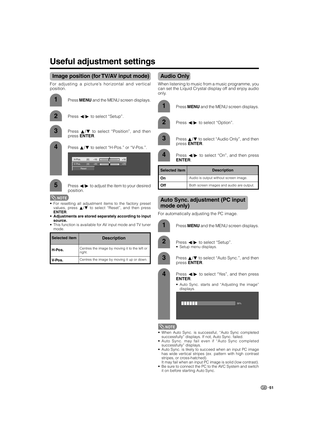 Sharp TU-32GAX, TU-37GAX, LC-37G2X, LC-32G2X Useful adjustment settings, Image position for TV/AV input mode, Audio Only 