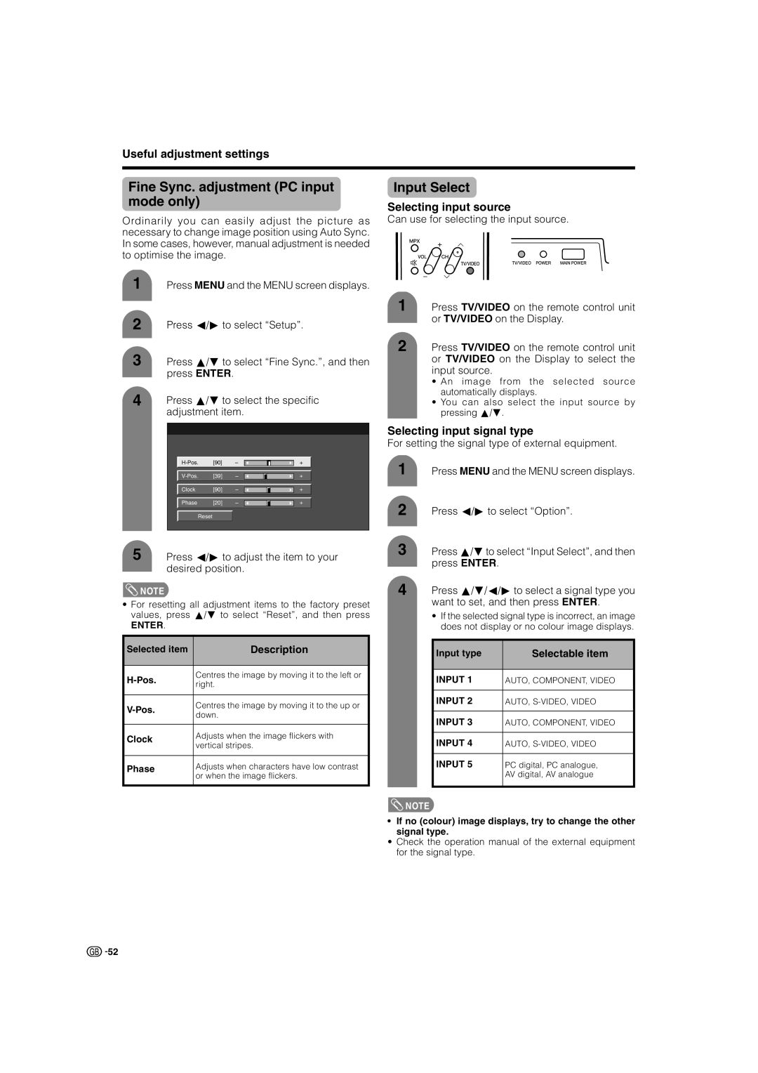 Sharp TU-37GAX Fine Sync. adjustment PC input mode only, Input Select, Useful adjustment settings, Selecting input source 