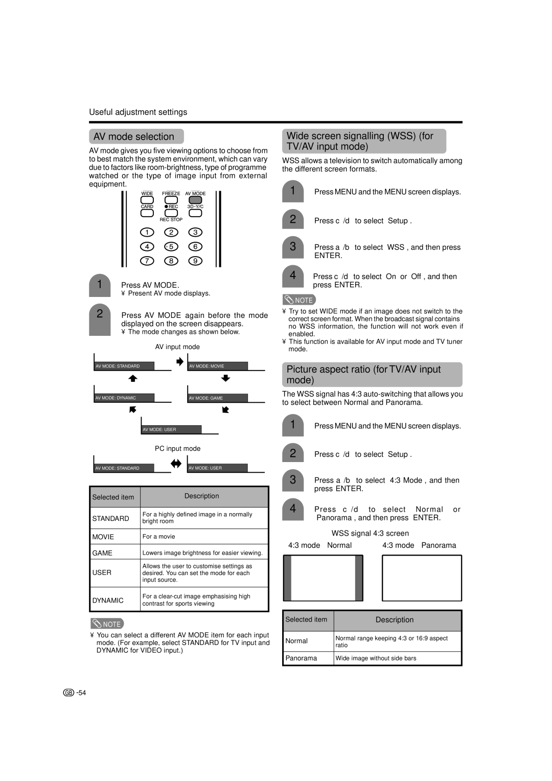 Sharp LC-32G2X AV mode selection, Wide screen signalling WSS for TV/AV input mode, WSS signal 43 screen Mode Normal 