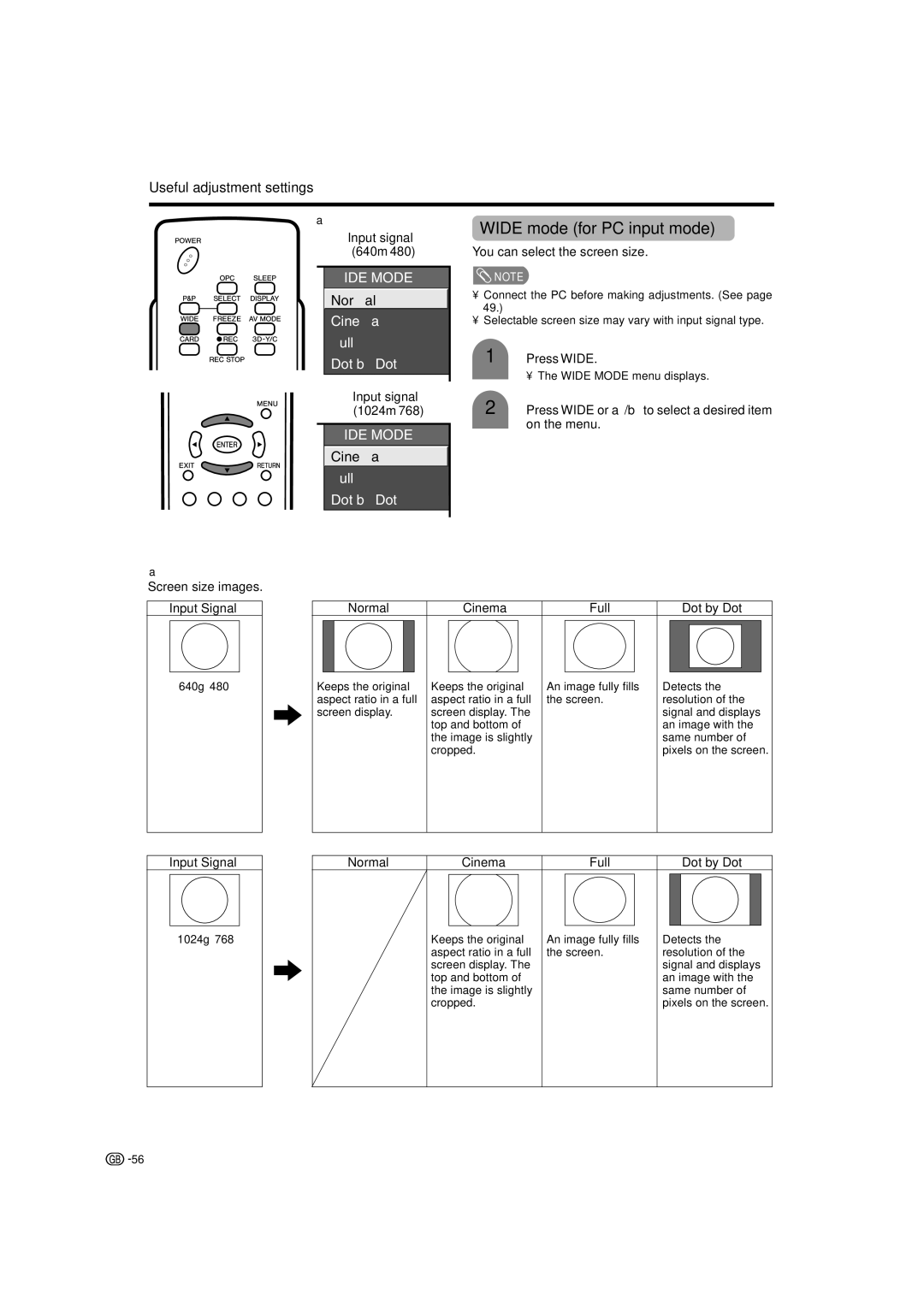 Sharp TU-37GAX, TU-32GAX, LC-37G2X Wide mode for PC input mode, Input signal 640m480, Input signal 1024m768, Input Signal 