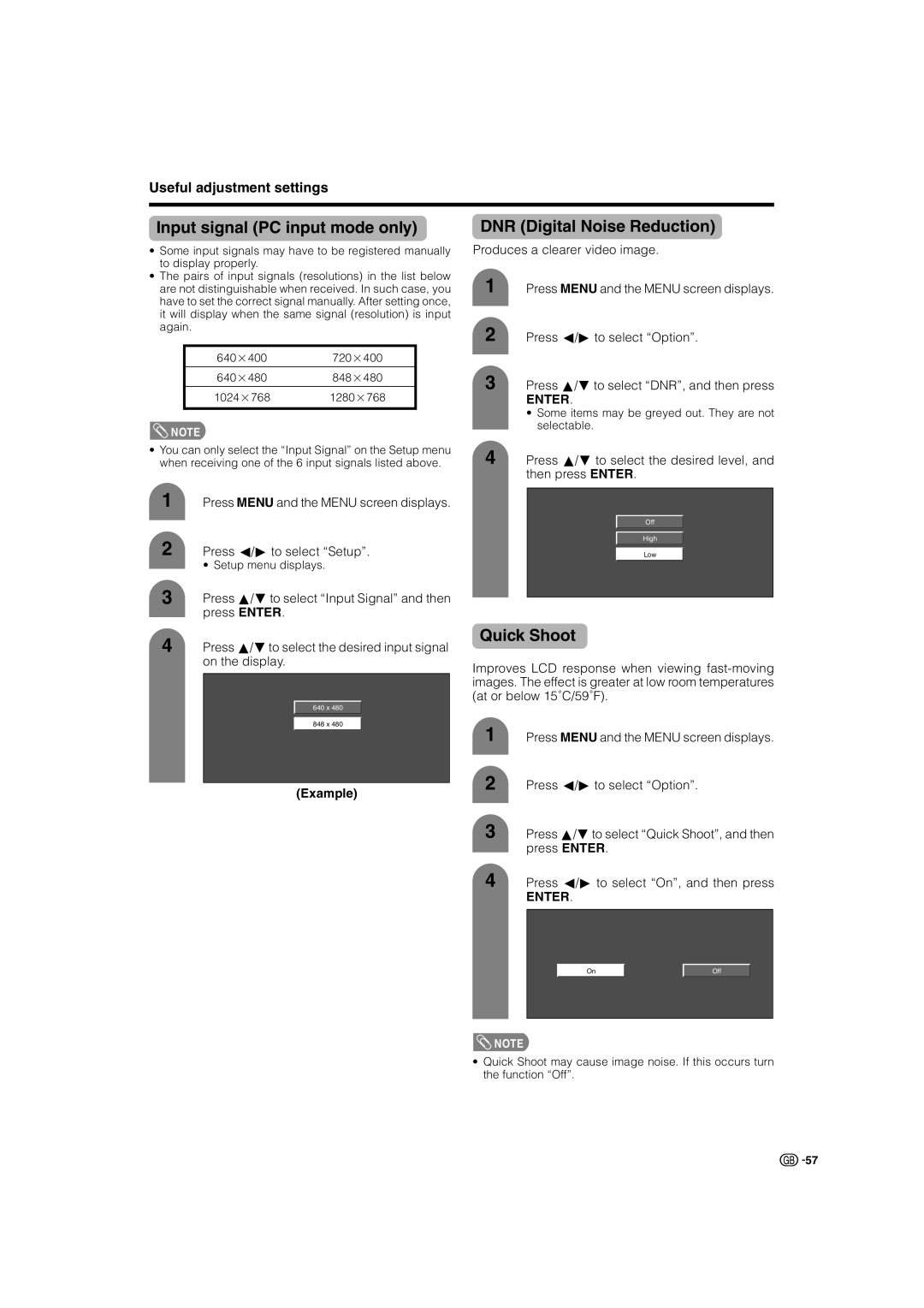 Sharp LC-37G2X, TU-32GAX, TU-37GAX, LC-32G2X Input signal PC input mode only, DNR Digital Noise Reduction, Quick Shoot 