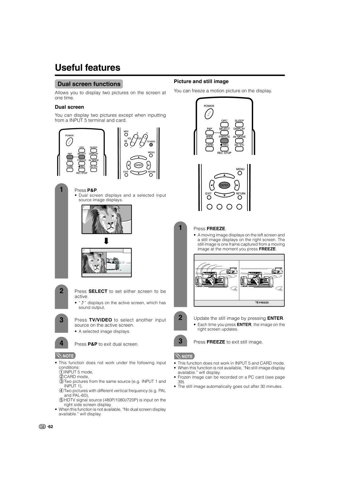 Sharp LC-32G2X, TU-32GAX, TU-37GAX, LC-37G2X warranty Useful features, Dual screen functions, Picture and still image 